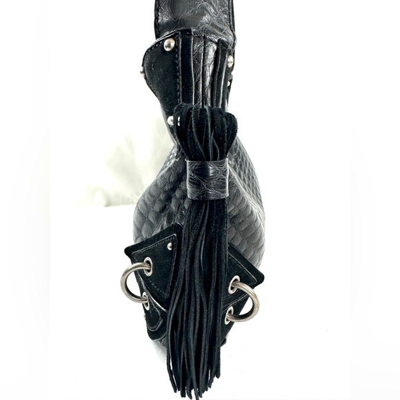 Jessica Simpson Black PVC East West Medium Shoulder Bag Leather Trim Tassels - Picture 4 of 10